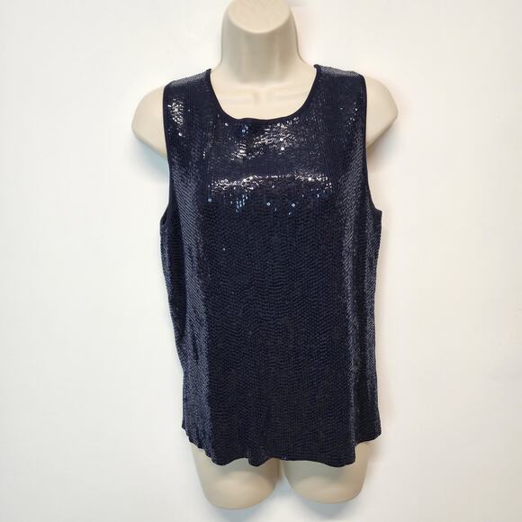 Carmen Marc Valvo Sequin Top Size M Blue Sleeveless Round Neck Evening Art Deco - Picture 2 of 13